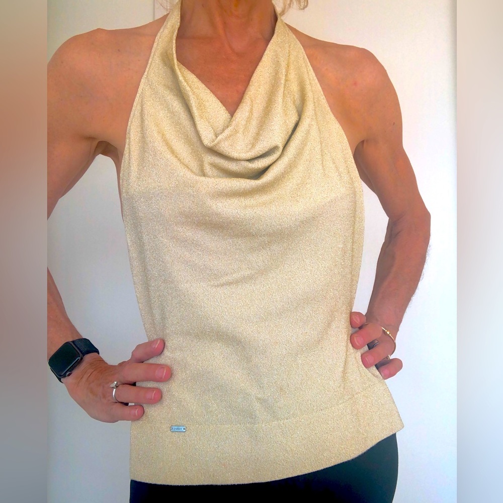 Wolford gold sparkle halter top, cowl neck front & open back. Size small. NWOT